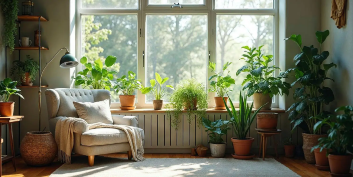 A cozy living room with a variety of lush indoor plants, including a peace lily, snake plant, and aloe vera on shelves and a side table. Soft natural light filters through large windows, highlighting the calming greenery. A comfortable armchair with a throw blanket invites relaxation, creating a serene and tranquil atmosphere
