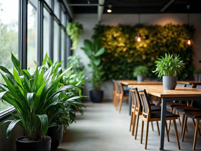 A modern office building or residential space with abundant indoor plants, including snake plants and peace lilies, strategically placed throughout the space. The plants are positioned near windows, offering natural light, with a green wall or hanging plants creating a natural, calming atmosphere. The setting conveys a sustainable, eco-friendly design that promotes a healthy indoor environment. The image should capture both the beauty of the plants and their contribution to improving air quality and energy efficiency, while showcasing the overall harmonious blend of nature with architecture.