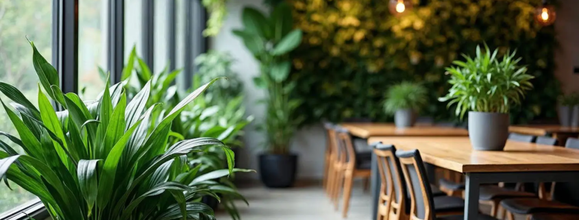 A modern office building or residential space with abundant indoor plants, including snake plants and peace lilies, strategically placed throughout the space. The plants are positioned near windows, offering natural light, with a green wall or hanging plants creating a natural, calming atmosphere. The setting conveys a sustainable, eco-friendly design that promotes a healthy indoor environment. The image should capture both the beauty of the plants and their contribution to improving air quality and energy efficiency, while showcasing the overall harmonious blend of nature with architecture.